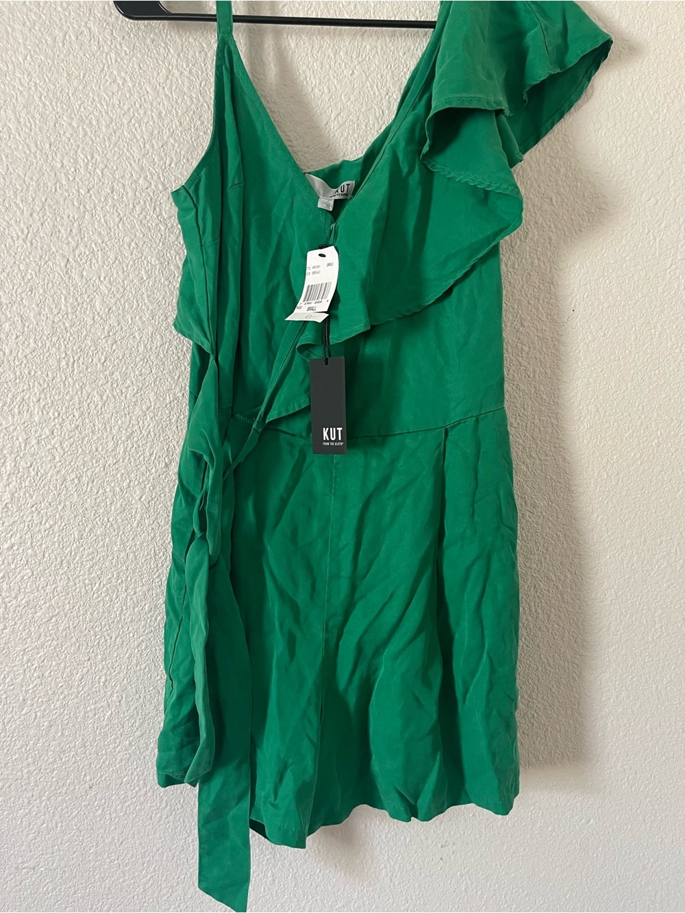 Kut from the Kloth One-Shoulder Emerald Green Ruffle Wrap Romper